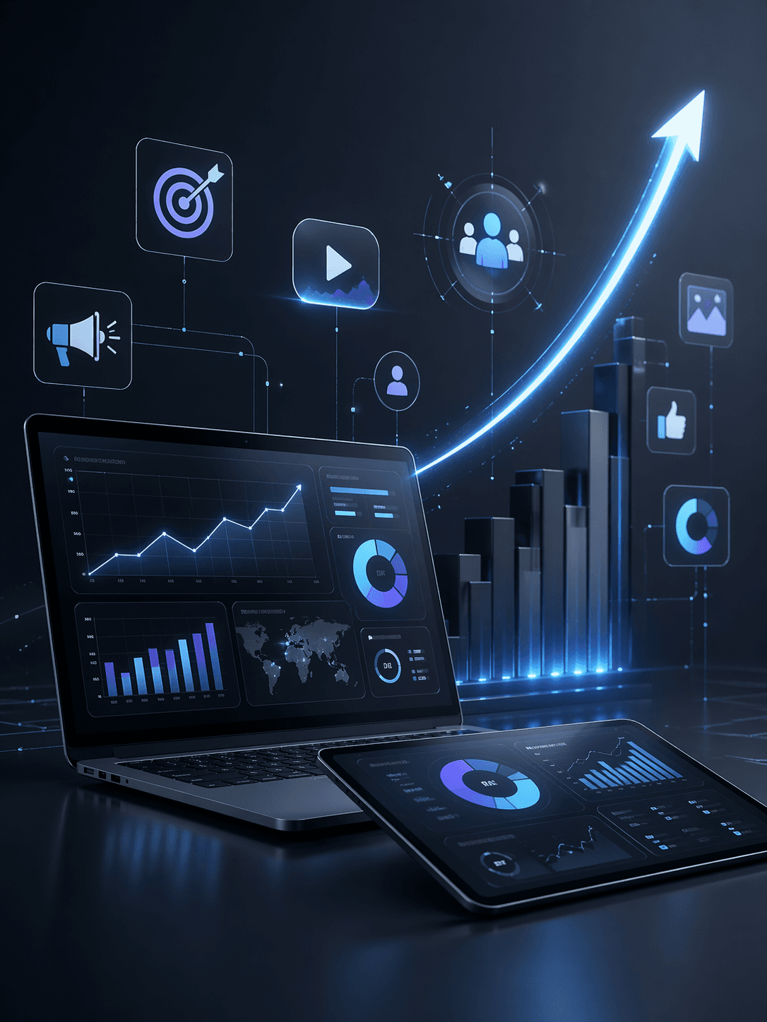 Laptop and tablet showing data dashboards with a glowing blue arrow symbolizing business growth.