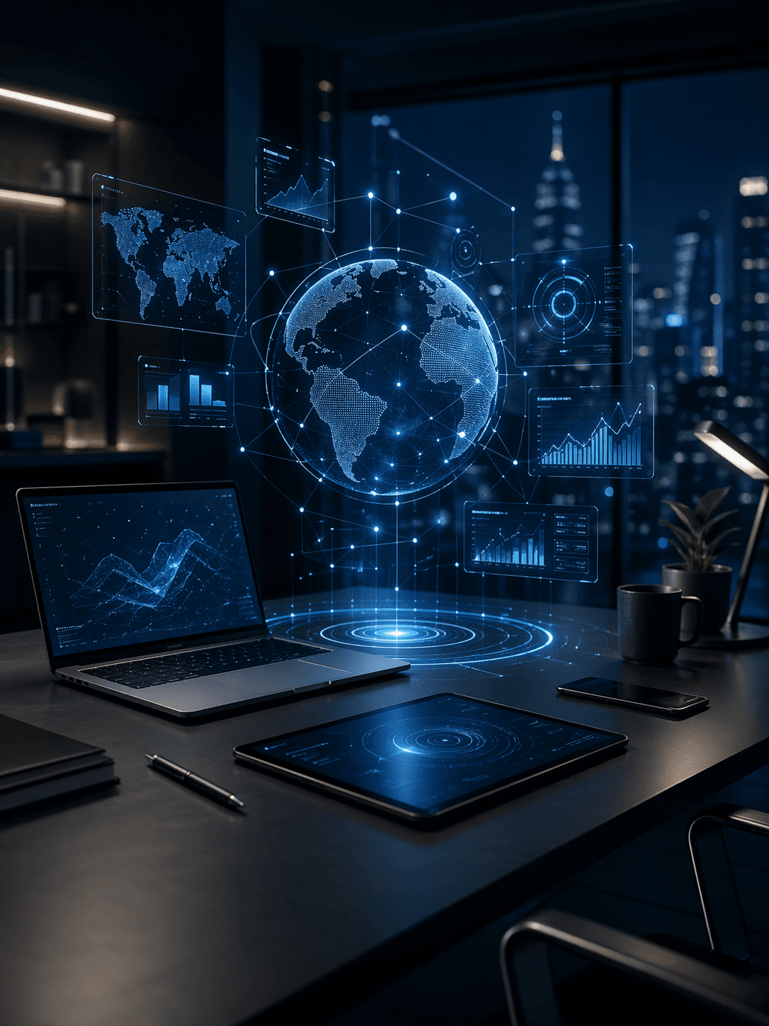 Holographic globe and digital data charts floating above a laptop in a modern office.